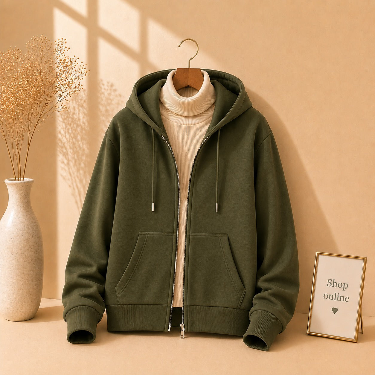 Basic Olive Green Zipper with Beige Ribknit Highneck