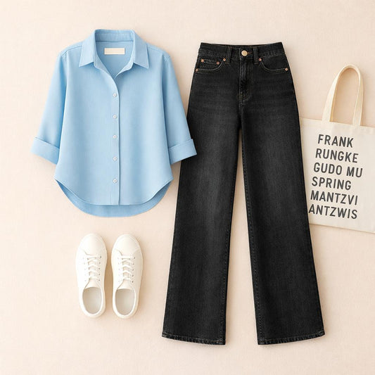 Sky Blue Button Down Shirt with Black Wide Leg Jeans