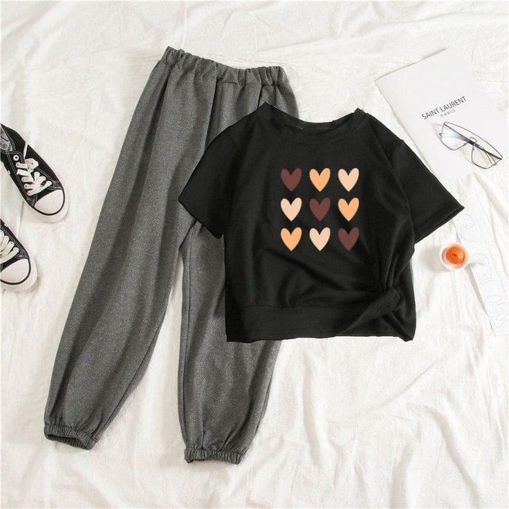 HEART SHEET BLACK TEE WITH CHARCOAL TROUSER PLAIN