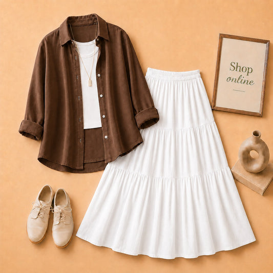 Brown Button Down Shirt with White Tanktop & 3 Tire White Skirt
