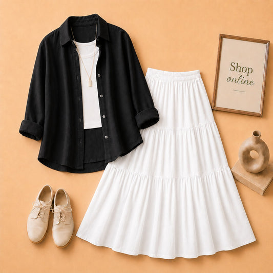 Black Button Down Shirt with White Tanktop & 3 Tire White Skirt