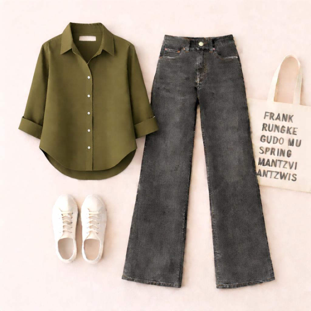 Olive Green Button Down Shirt with Malaysia Black Wide Leg Jeans