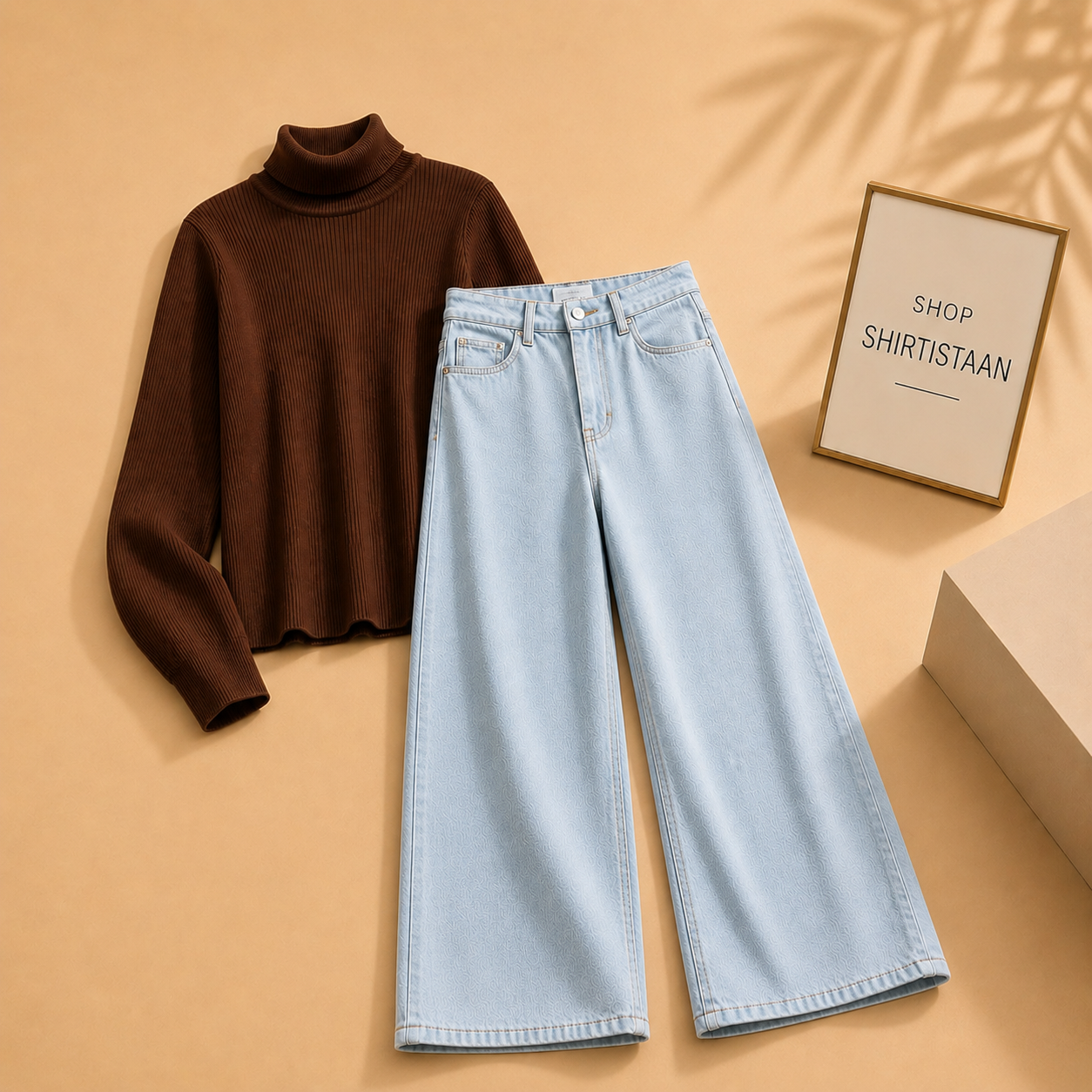 Brown Ribknit High Neck with Ice Blue Wide Leg Jeans