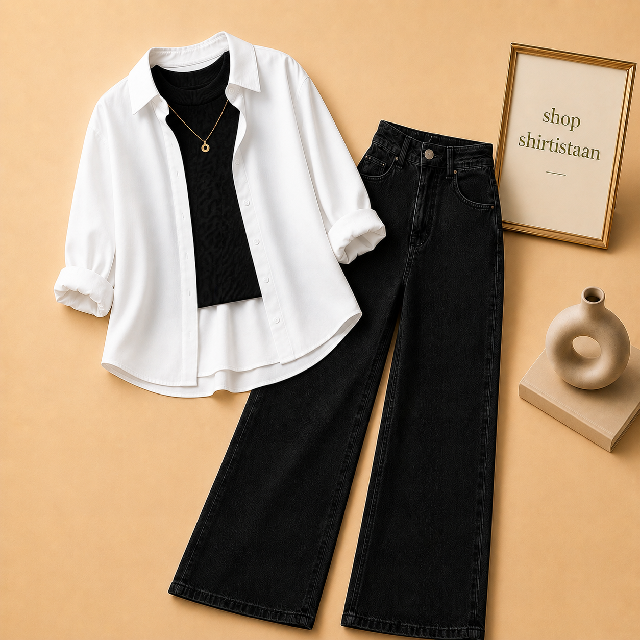 White Button Down Shirt with Black Tank top and Black Wide Leg Jeans