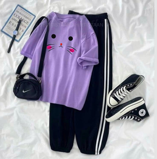 LILAC TEE CUTE CAT WITH STRIPE TROUSER