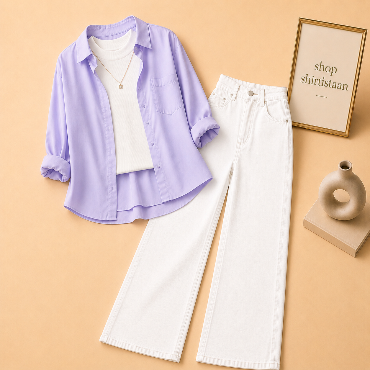 Lilac Button Down Shirt with White Tank top and White Wide Leg Jeans