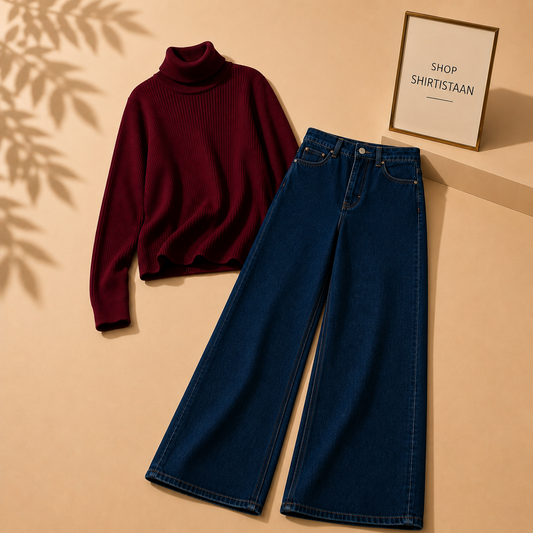 Maroon Ribknit High Neck with Dark Blue Wide Leg Jeans