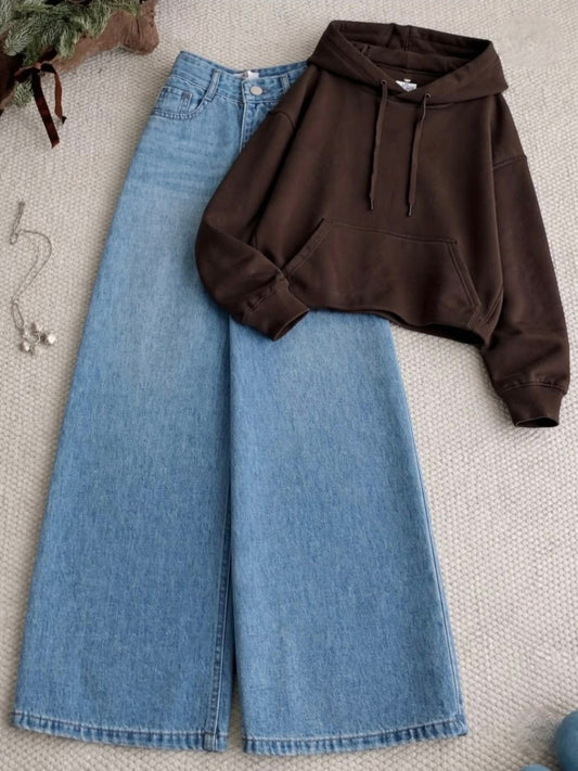 Basic Brown Hoodie with Sky Blue wide leg jeans