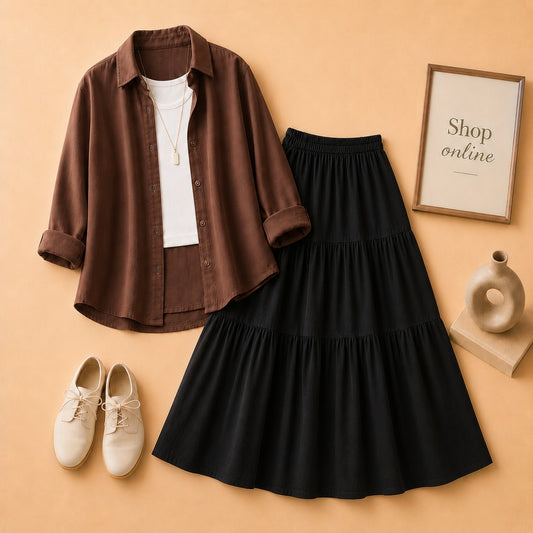 Brown Button Down Shirt with White Tanktop & 3 Tire Black Skirt