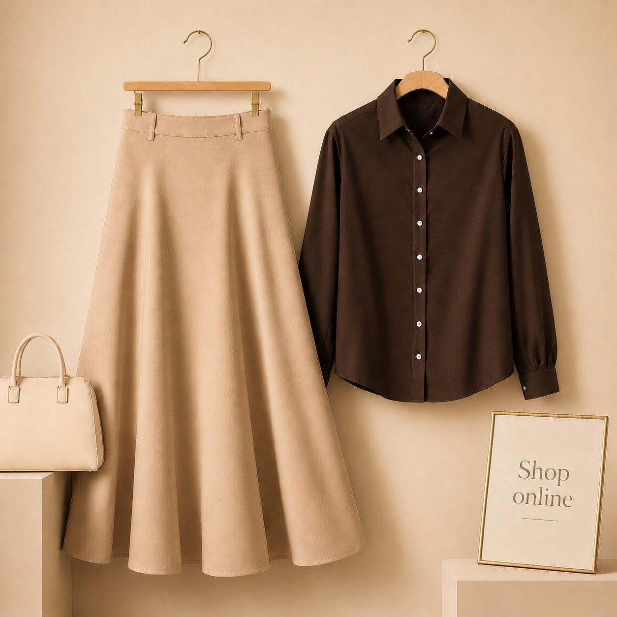 Brown Button Down Shirt with Beige Cotton Twill Skirt