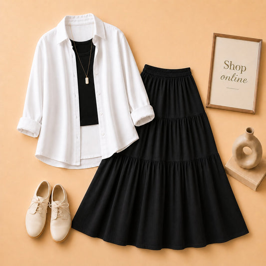 White Button Down Shirt with Black  Tanktop & 3 Tire Black Skirt
