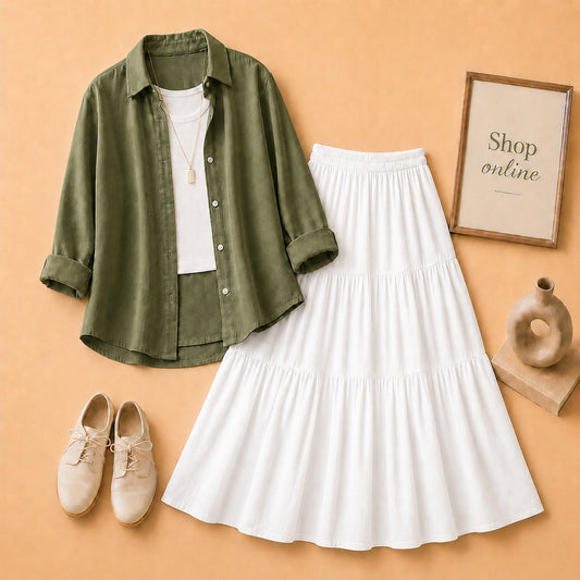 Olive Green Button Down Shirt with White Tanktop & 3 Tire White Skirt