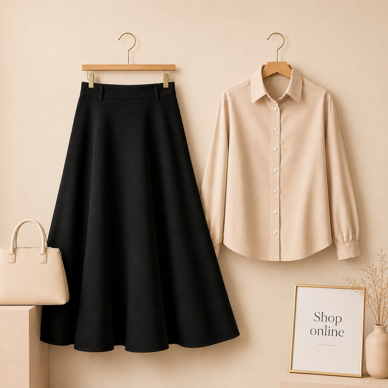 Cream Button Down Shirt with Black Cotton Twill Skirt