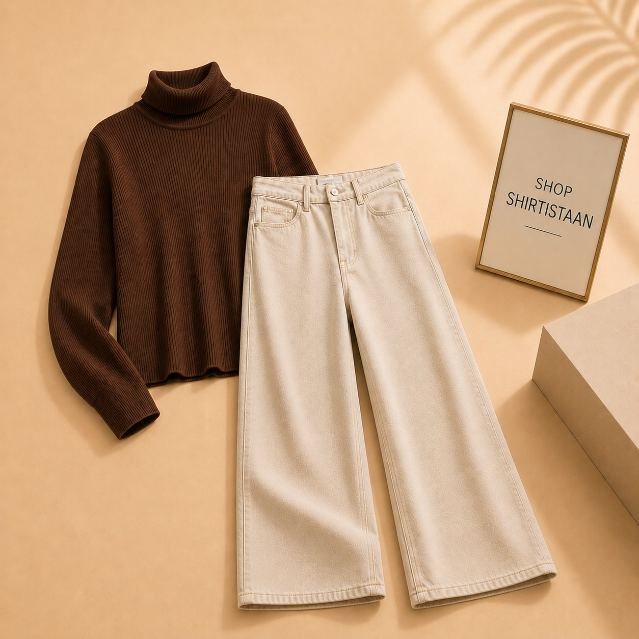 Brown Ribknit High Neck with Beige Wide Leg Jeans