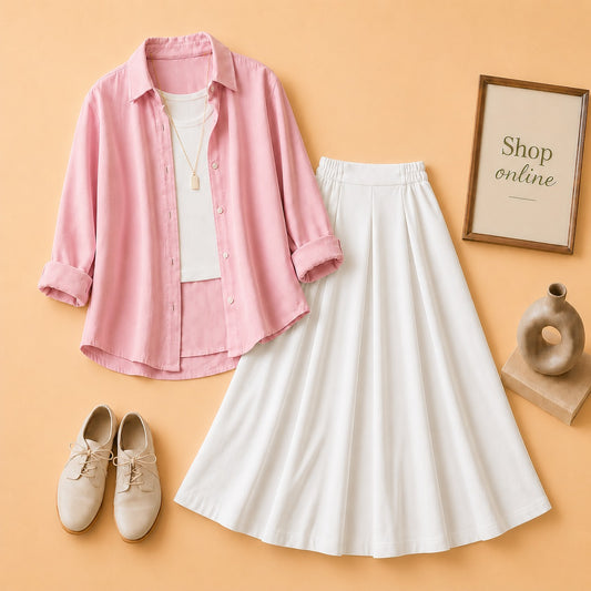 Pink Button Down Shirt with White Tanktop & White Twill Skirt