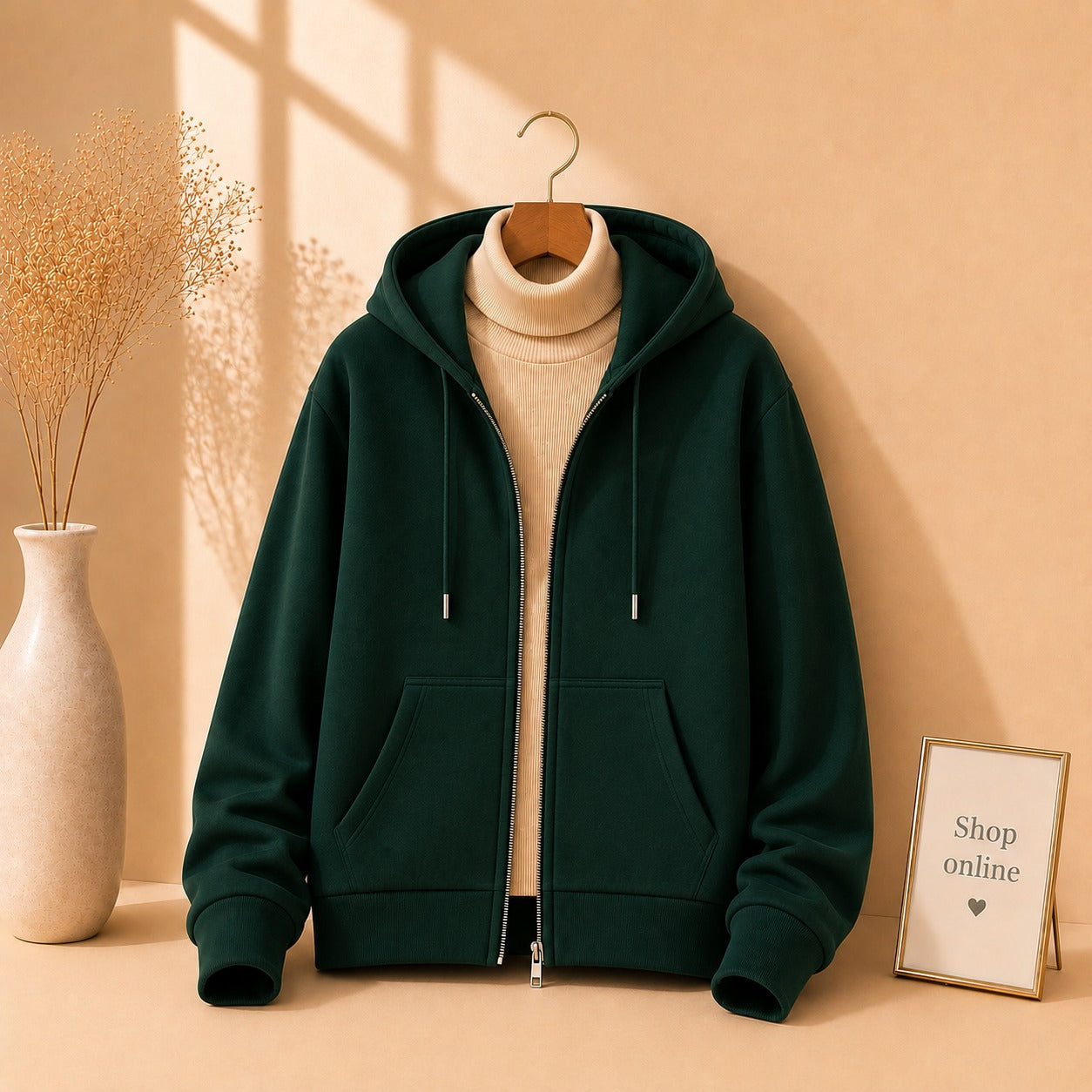 Basic Bottle Green Zipper with Beige Ribknit Highneck