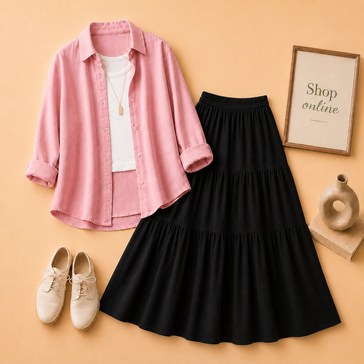 Pink Button Down Shirt with White Tanktop & 3 Tire Black Skirt