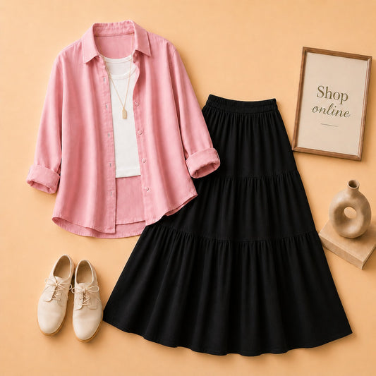 Pink Button Down Shirt with White Tanktop & 3 Tire Black Skirt