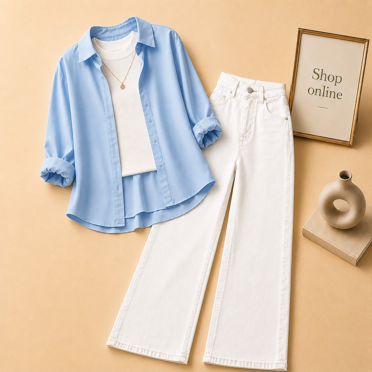Sky Blue Button Down Shirt with White Tank top and White Wide Leg Jeans