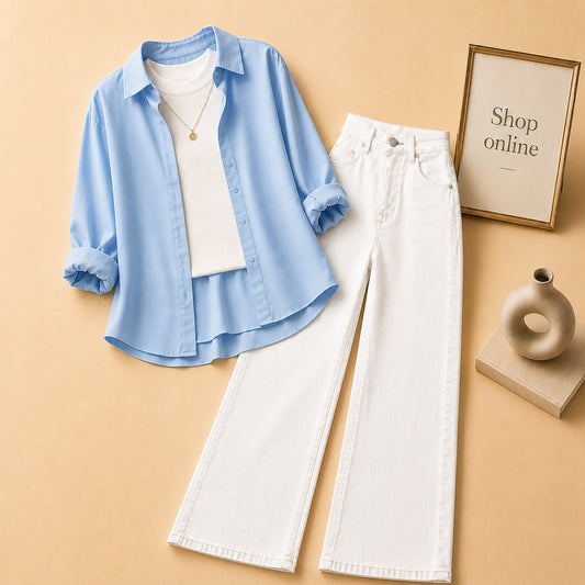 Sky Blue Button Down Shirt with White Tank top and White Wide Leg Jeans
