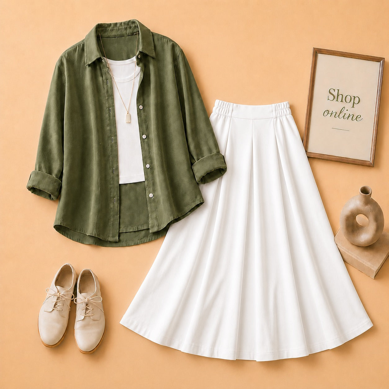 Olive Green Button Down Shirt with White Tanktop & White Twill Skirt