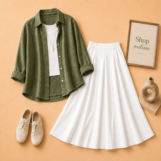 Olive Green Button Down Shirt with White Tanktop & White Twill Skirt