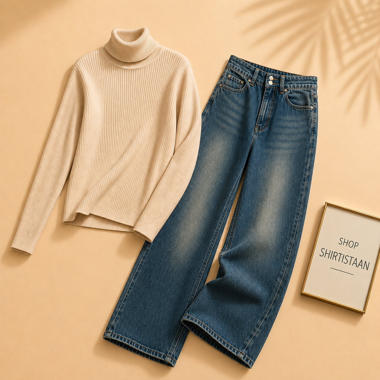 Beige Ribknit High Neck with Darkish Blue  Wide Leg Jeans