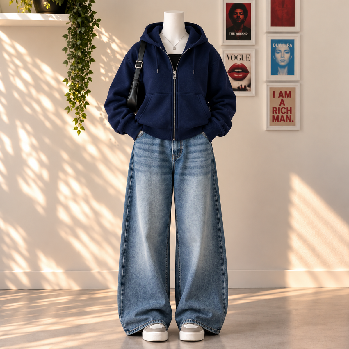 Navy Blue Zipper with Mid Blue Vintage Jeans