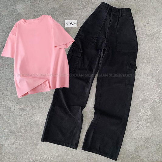 PLAIN PINK TEE WITH BLACK CARGO JEANS