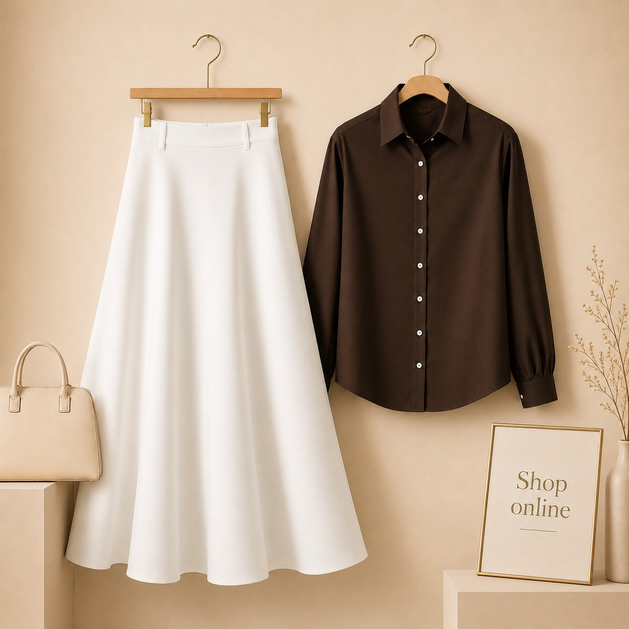 Brown Button Down Shirt with White Cotton Twill Skirt