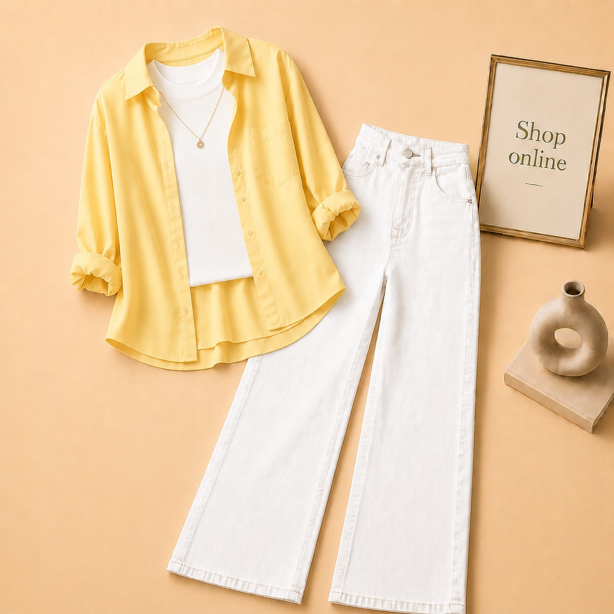 Light Yellow Button Down Shirt with White Tank top and White Wide Leg Jeans