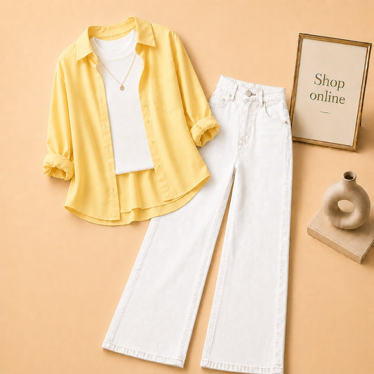 Light Yellow Button Down Shirt with White Tank top and White Wide Leg Jeans
