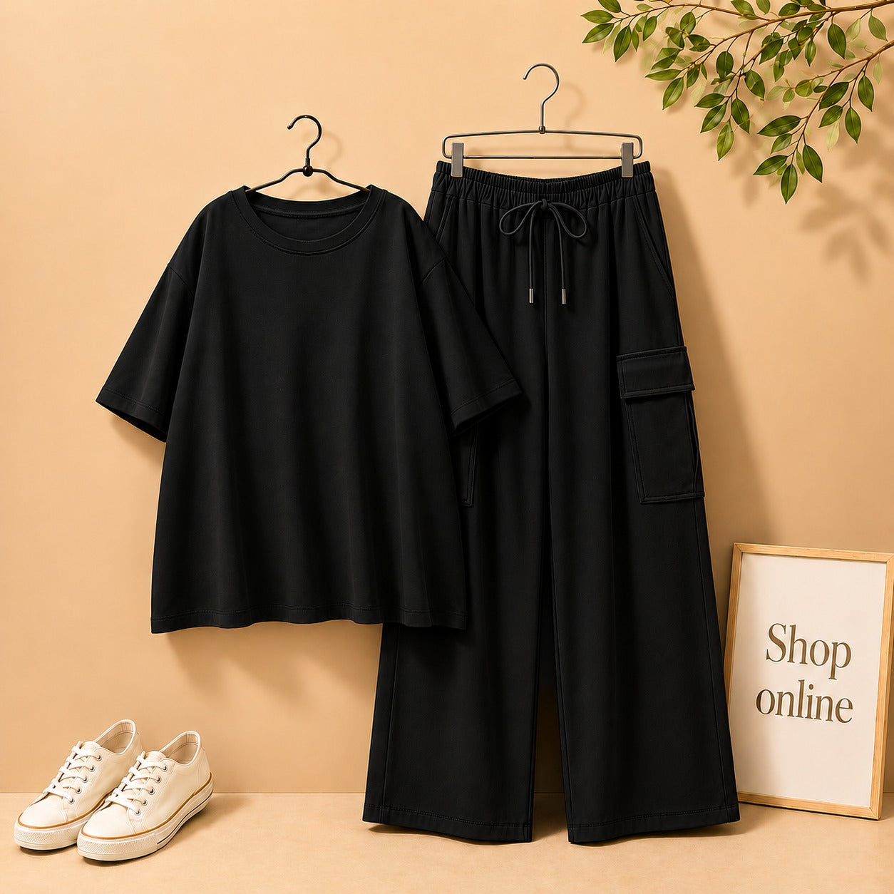 Black Drop Shoulder Tee with Black Cargo Trouser