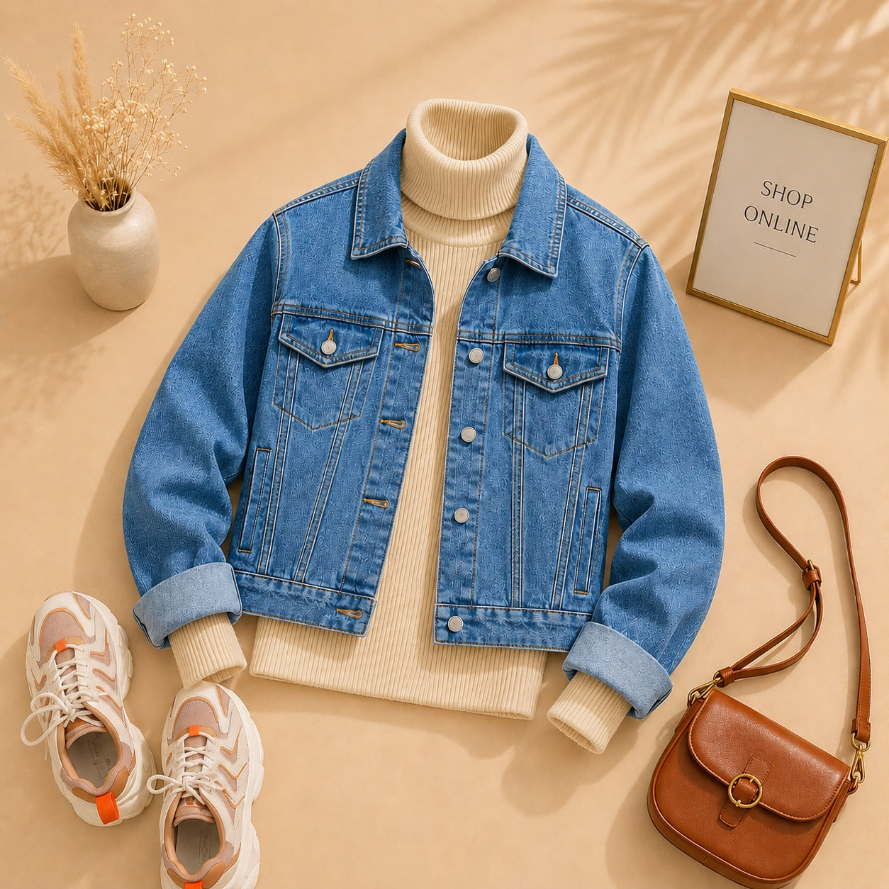 Mid Blue Denim Jacket With Beige Ribknit High Neck