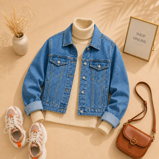 Mid Blue Denim Jacket With Beige Ribknit High Neck