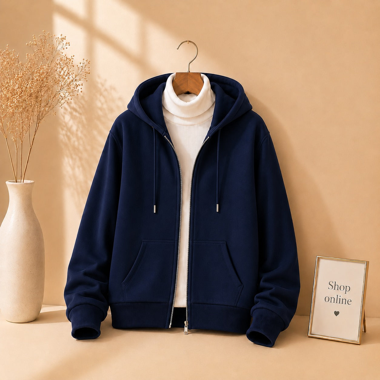 Basic Navy Blue Zipper with White Ribknit Highneck