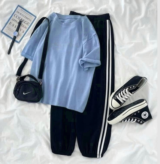 PLAIN SKY BLUE TSHIRT WITH STRIPE TROUSER