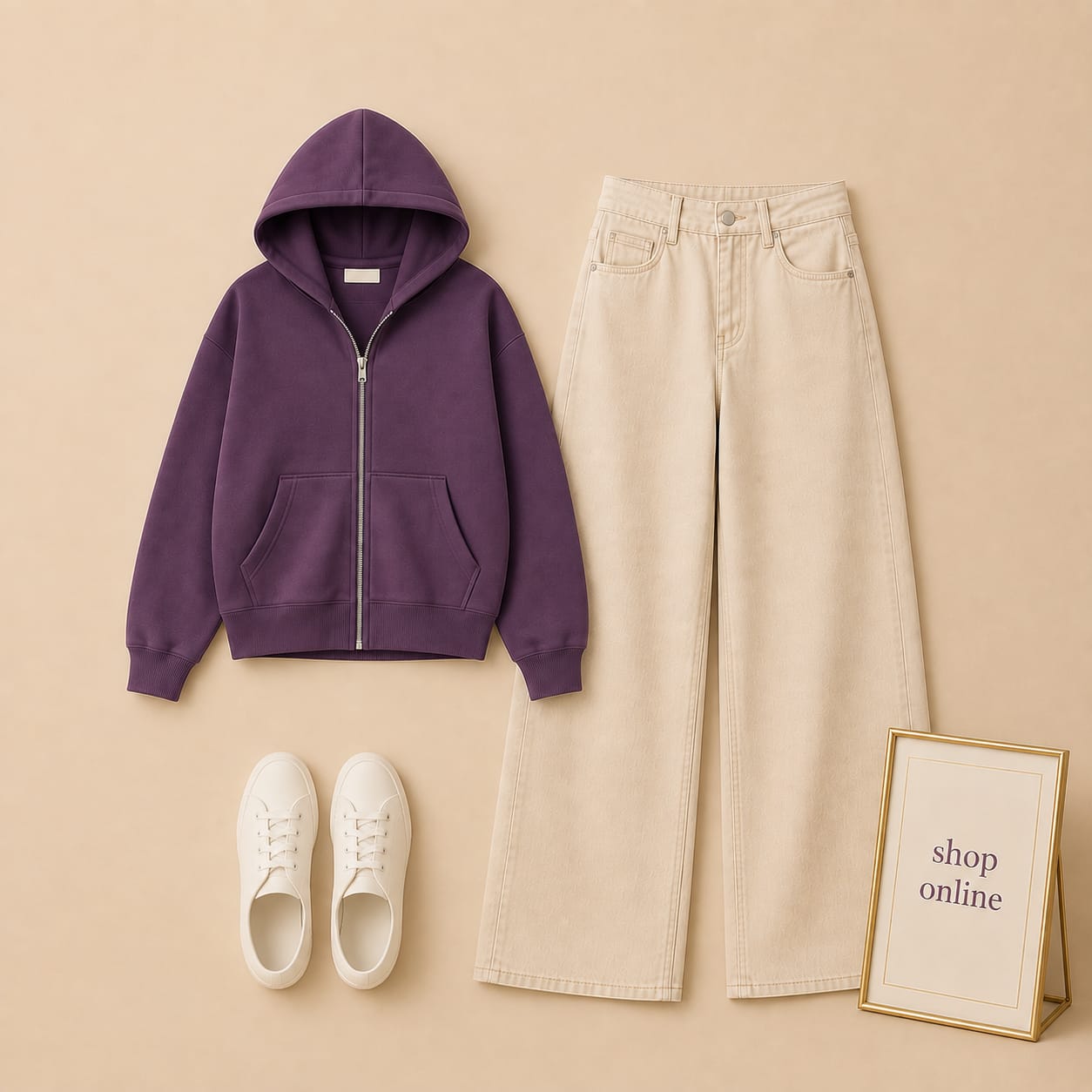 Purple Zipper with Beige Wide Leg Jeans