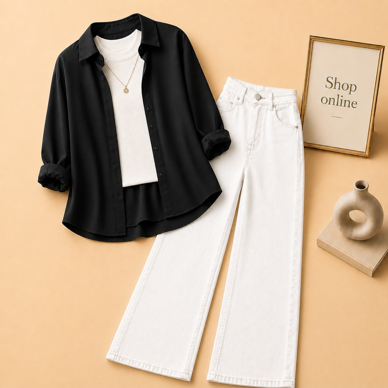 Black Button Down Shirt with White Tank top and White Wide Leg Jeans