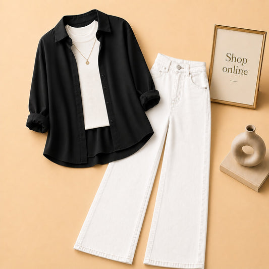 Black Button Down Shirt with White Tank top and White Wide Leg Jeans
