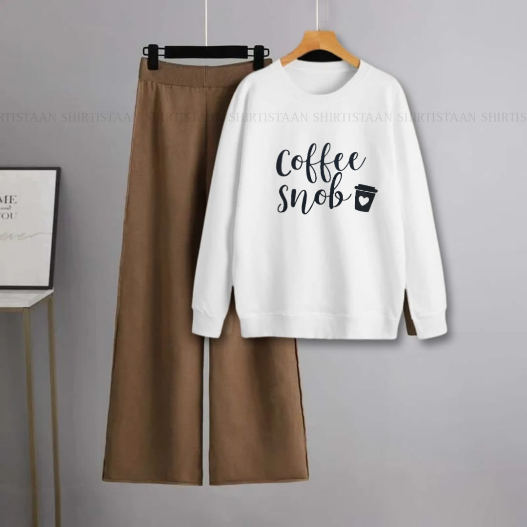 WHITE SWEATSHIRT COFFEE SNOB WITH BROWN FLAPPER