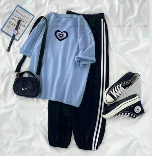 SKY BLUE TSHIRT NESTED HEART WITH STRIPE TROUSER