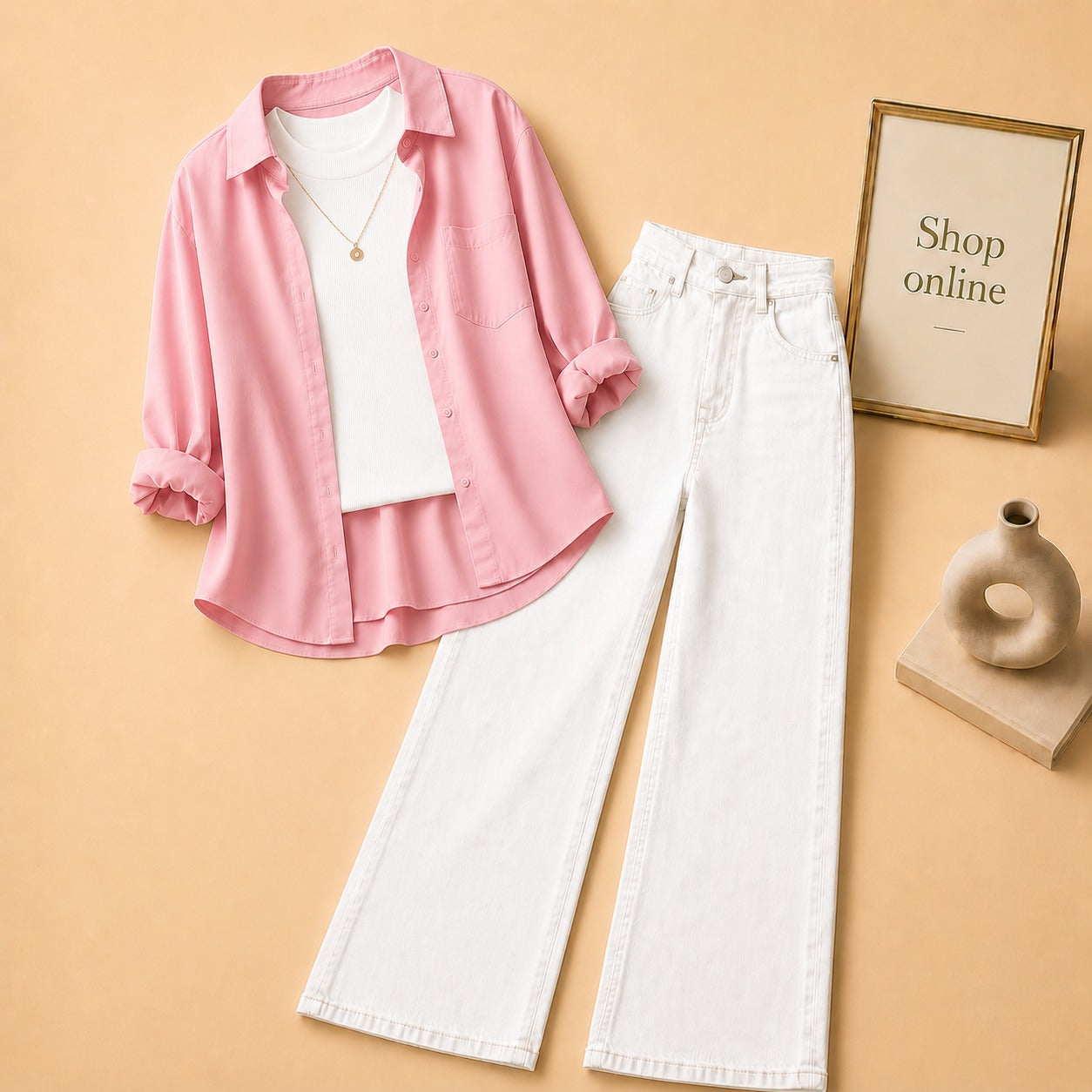 Pink Button Down Shirt with White Tank top and White Wide Leg Jeans