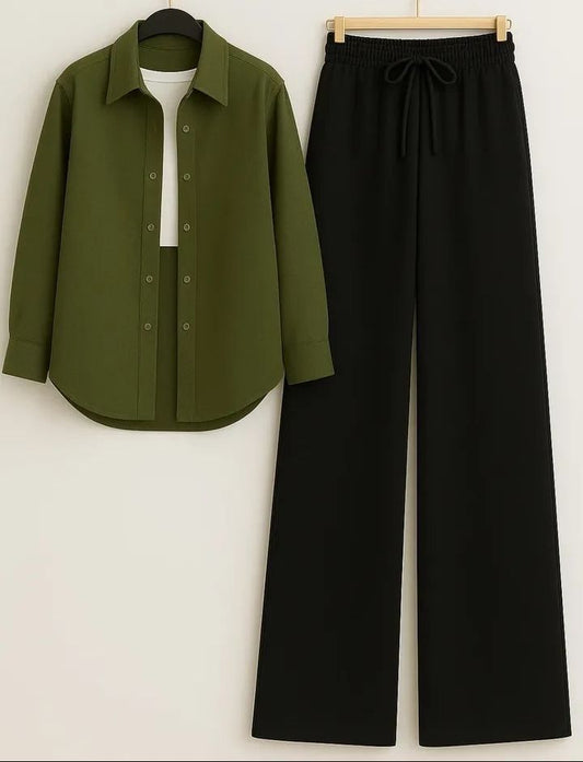 Olive Green Button Down Shirt with White Tanktop & Black Wide Leg Jeans