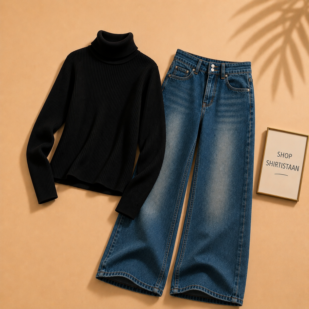 Black Ribknit High Neck with Darkish Blue Wide Leg Jeans