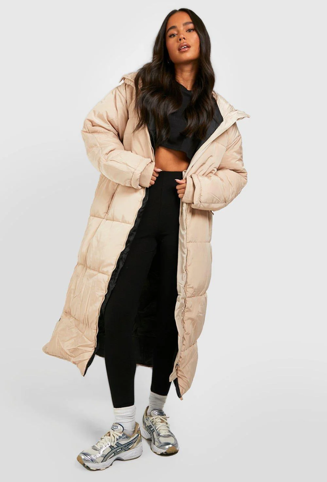 BEIGE HOOD LONGLINE PUFFER JACKET