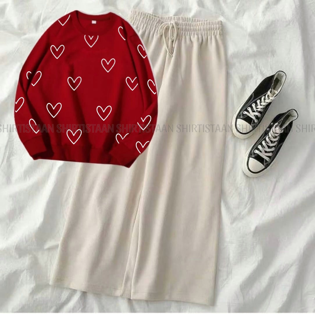 UNFILLED HEART RED SWEATSHIRT WITH BEIGE FLAPPER