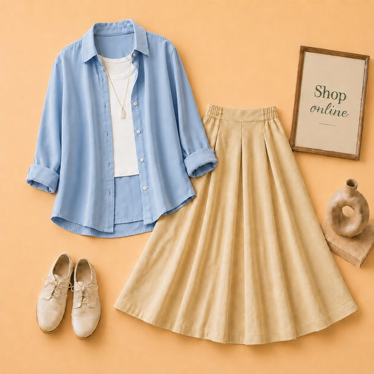 Sky Blue Button Down Shirt with White Tanktop & Beige Twill Skirt