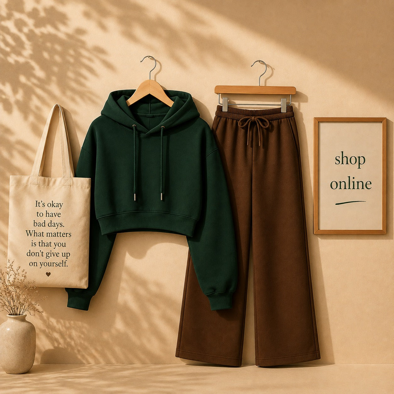 Basic Bottle Green Crop Hoodie with Brown Flapper