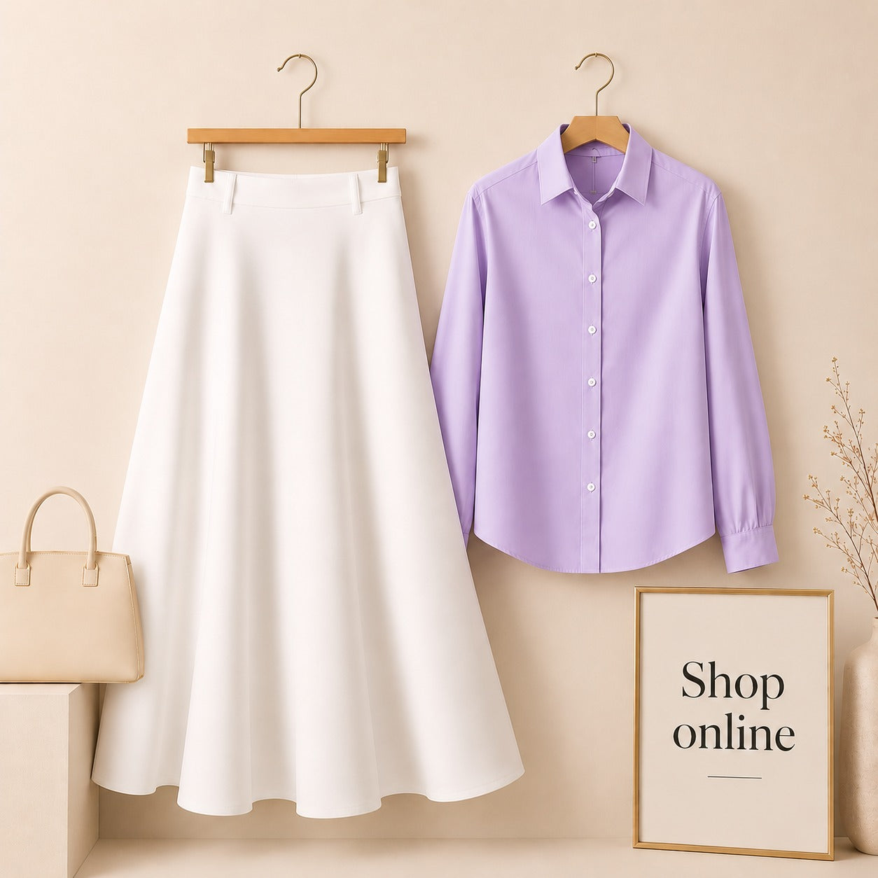 Lilac Button Down Shirt with White Cotton Twill Skirt